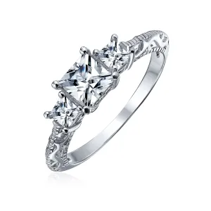 Antique Style 3CTW Milgrain Princess Solitaire CZ Engagement Ring in Silver