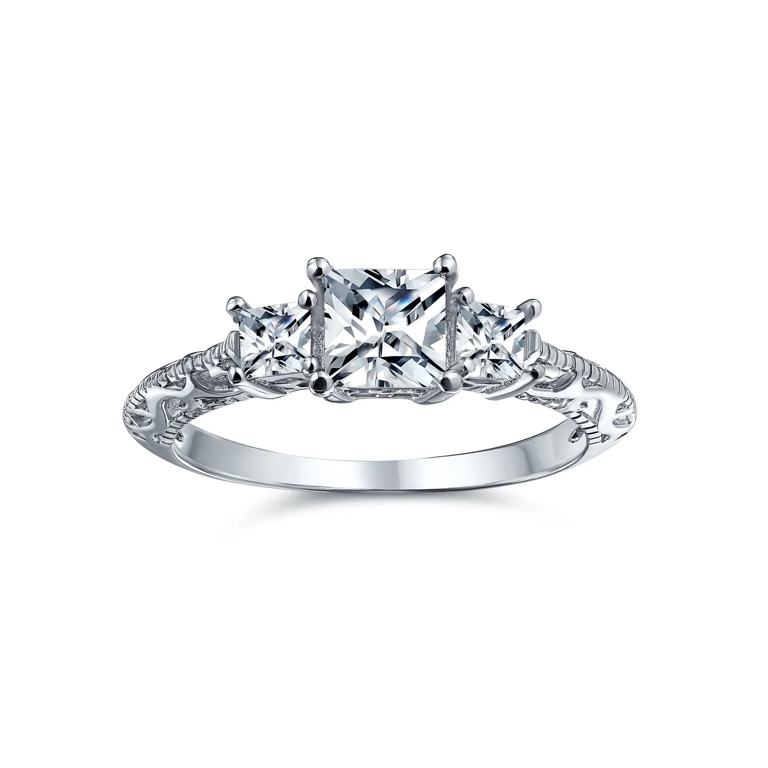 Antique Style 3CTW Milgrain Princess Solitaire CZ Engagement Ring in Silver