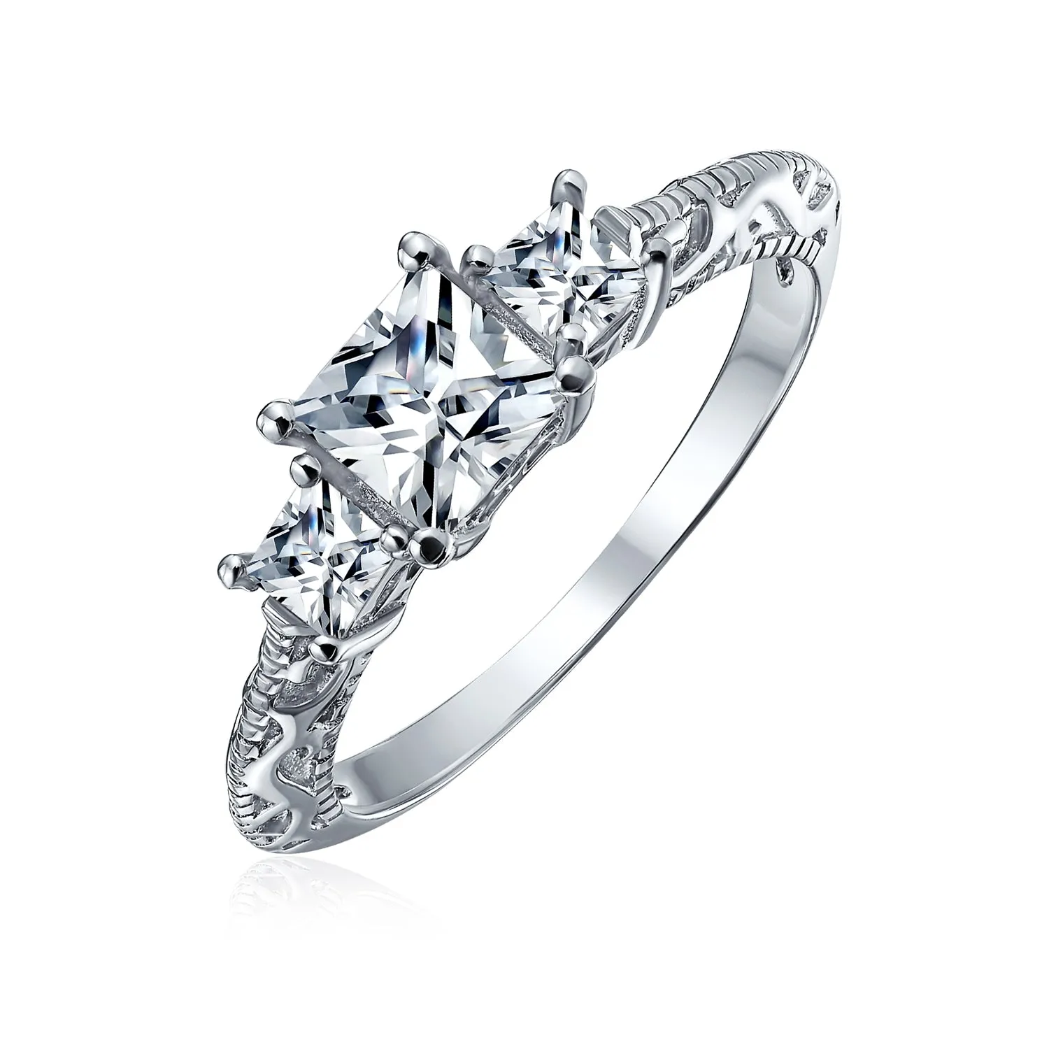 Antique Style 3CTW Milgrain Princess Solitaire CZ Engagement Ring in Silver
