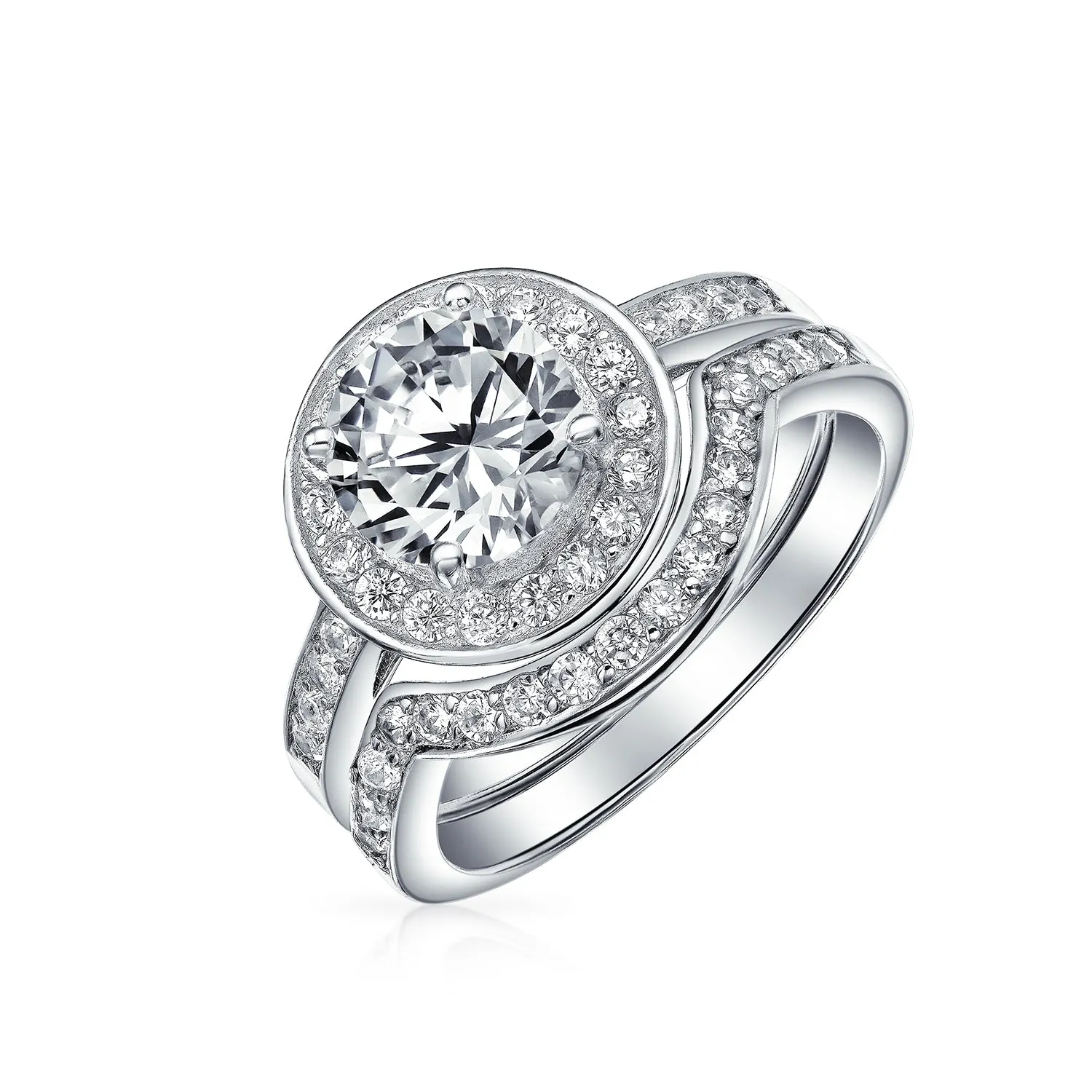 Art Deco AAA CZ Cubic Zirconia Halo Engagement Wedding Ring Set Sterling Silver