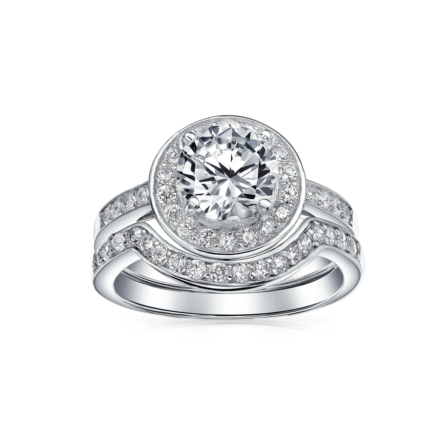 Art Deco AAA CZ Cubic Zirconia Halo Engagement Wedding Ring Set Sterling Silver