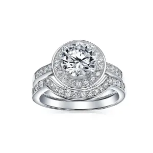 Art Deco AAA CZ Cubic Zirconia Halo Engagement Wedding Ring Set Sterling Silver