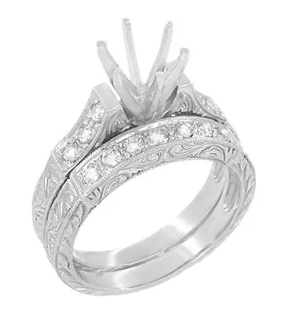 Art Deco Engraved Scrolls 1 Carat Round Diamond Engagement Ring Setting and Wedding Ring Bridal Set in White Gold