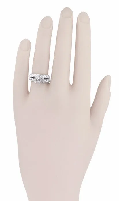 Art Deco Engraved Scrolls 1 Carat Round Diamond Engagement Ring Setting and Wedding Ring Bridal Set in White Gold
