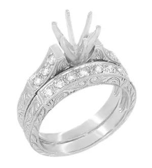 Art Deco Engraved Scrolls 1 Carat Round Diamond Engagement Ring Setting and Wedding Ring Bridal Set in White Gold
