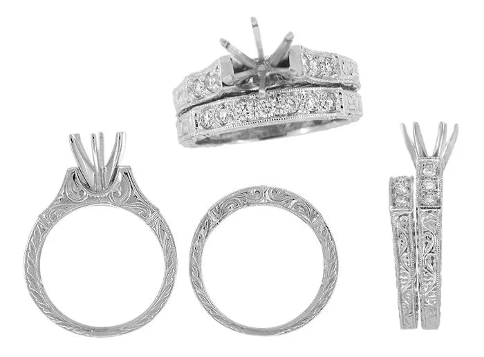 Art Deco Engraved Scrolls 1 Carat Round Diamond Engagement Ring Setting and Wedding Ring Bridal Set in White Gold