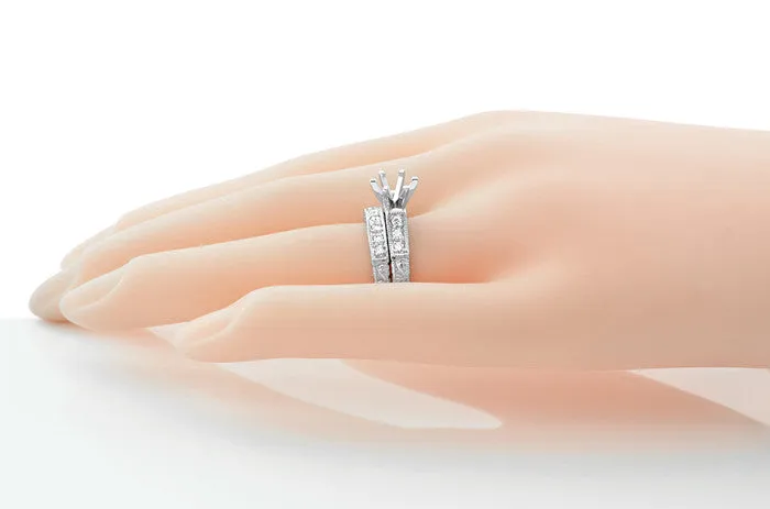 Art Deco Engraved Scrolls 1 Carat Round Diamond Engagement Ring Setting and Wedding Ring Bridal Set in White Gold