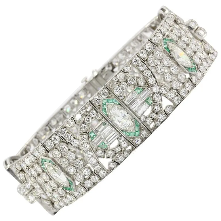 Art Deco Platinum 21 Carat Diamond & Emerald Bracelet c.1920's