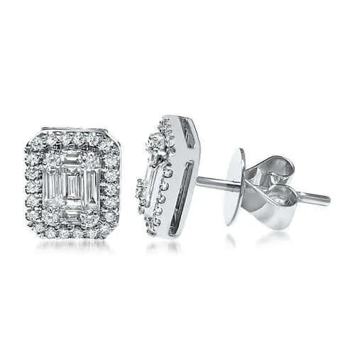 Aura 18K White Gold Halo Stud Earring 3/4cttw Round and Baguette (VS2-SI1)