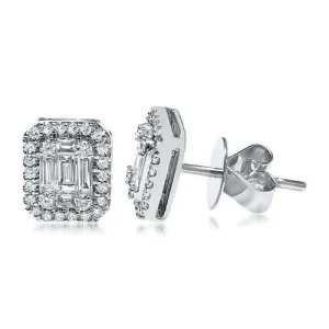 Aura 18K White Gold Halo Stud Earring 3/4cttw Round and Baguette (VS2-SI1)