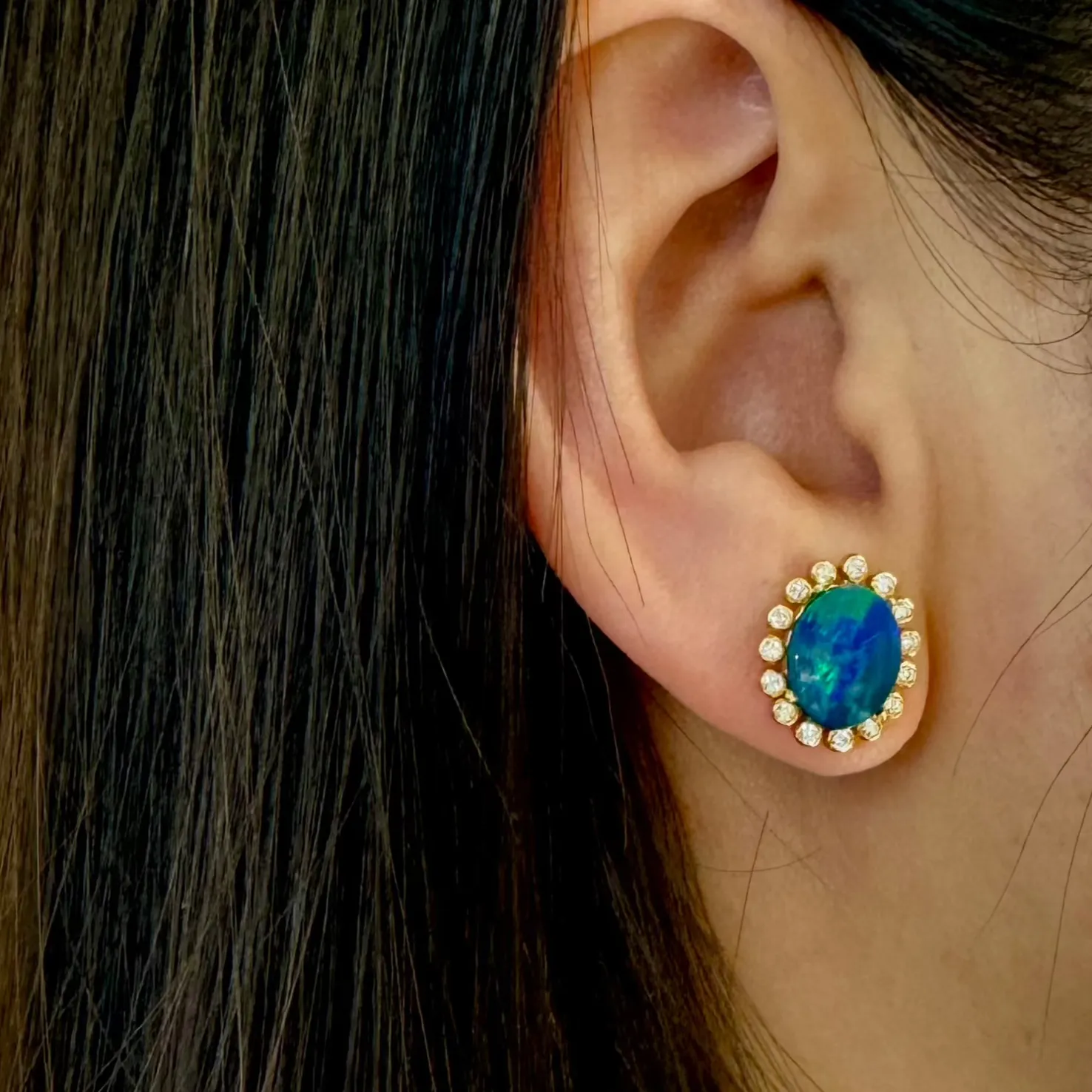 Australian Opal Sunburst Diamond Studs In 18k