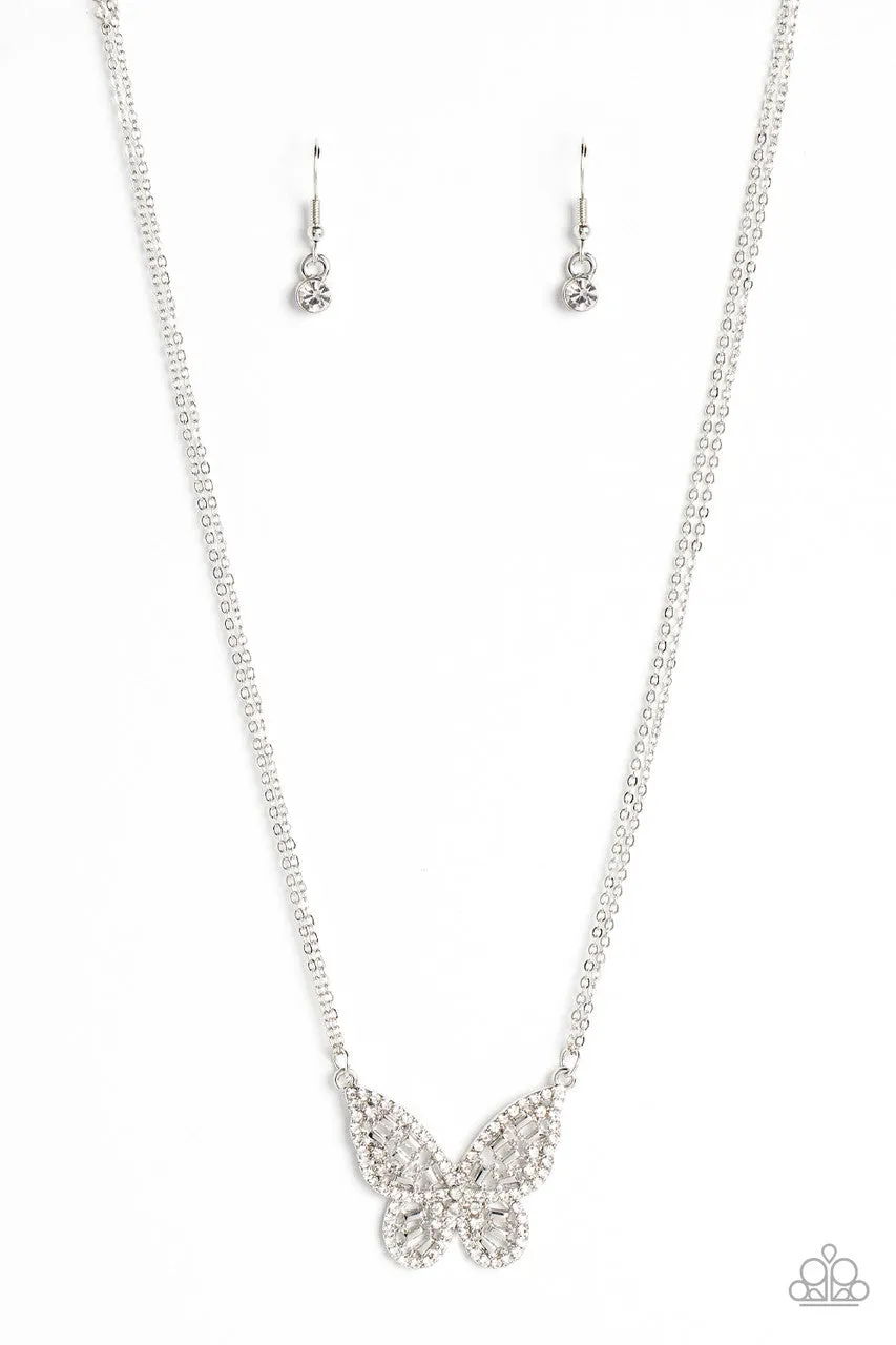 Baroque Butterfly - White - Rhinestone Paparazzi Short Necklace