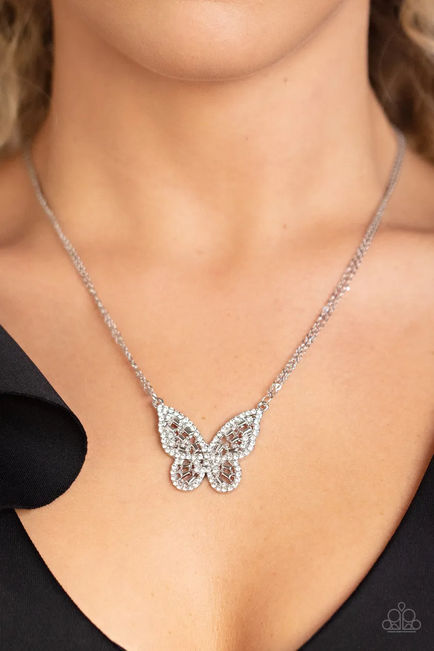 Baroque Butterfly - White - Rhinestone Paparazzi Short Necklace