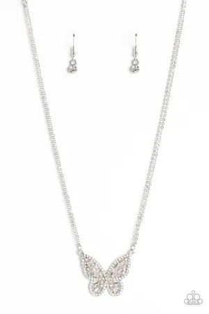 Baroque Butterfly - White - Rhinestone Paparazzi Short Necklace
