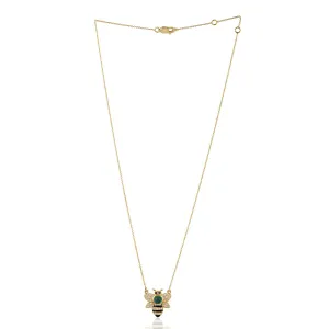 Bezel Set Emerald Pave Diamond Enamel Bee Design Princess Necklace In Gold
