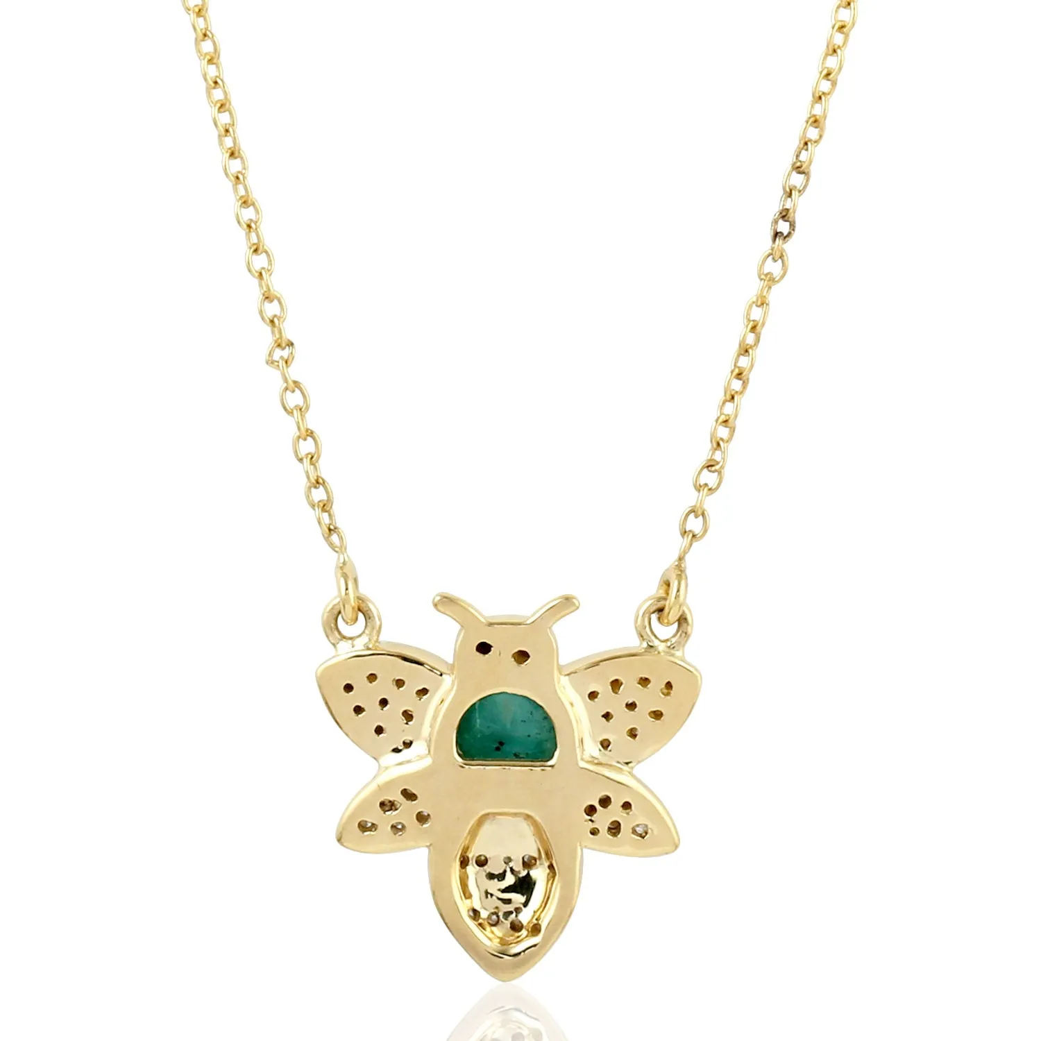 Bezel Set Emerald Pave Diamond Enamel Bee Design Princess Necklace In Gold