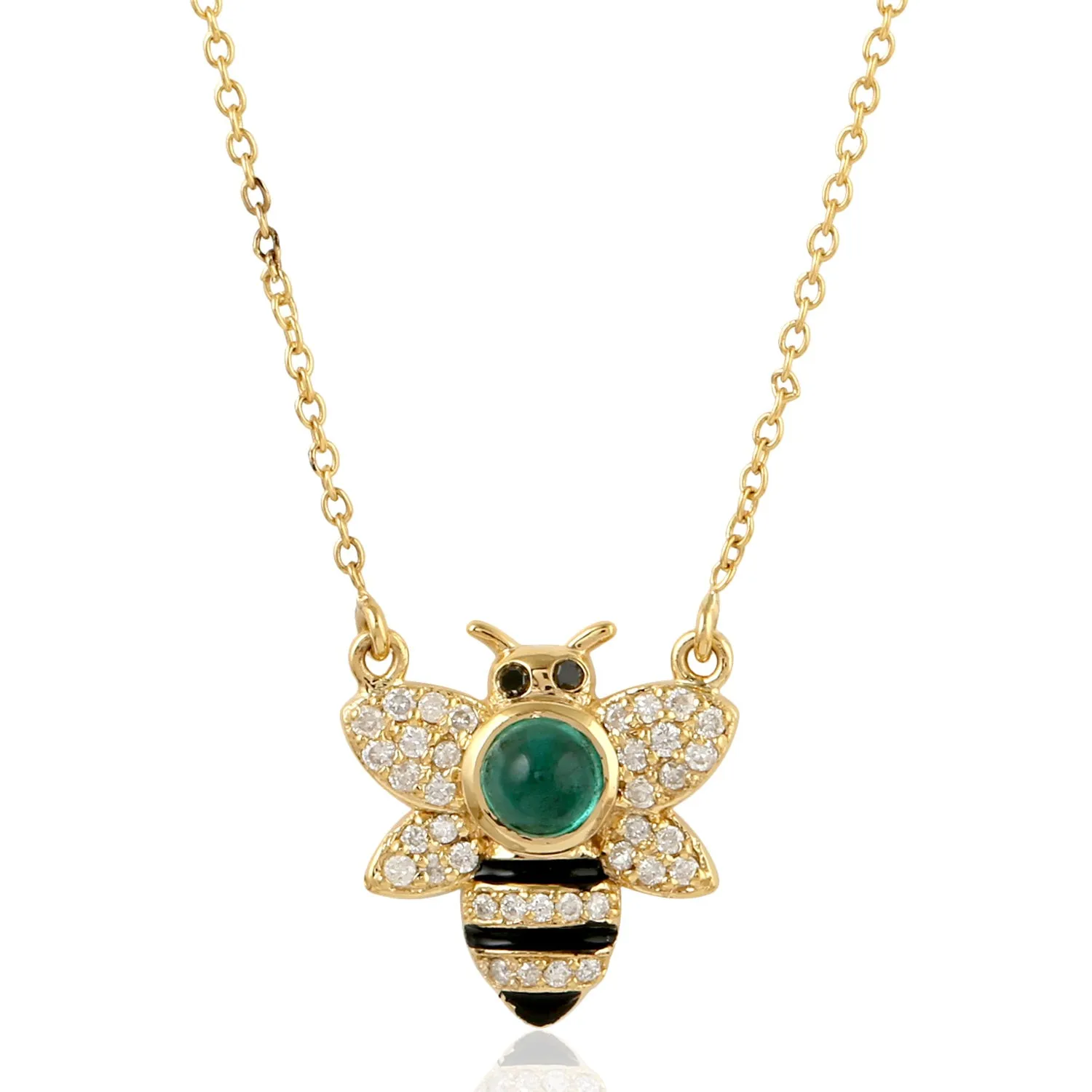 Bezel Set Emerald Pave Diamond Enamel Bee Design Princess Necklace In Gold