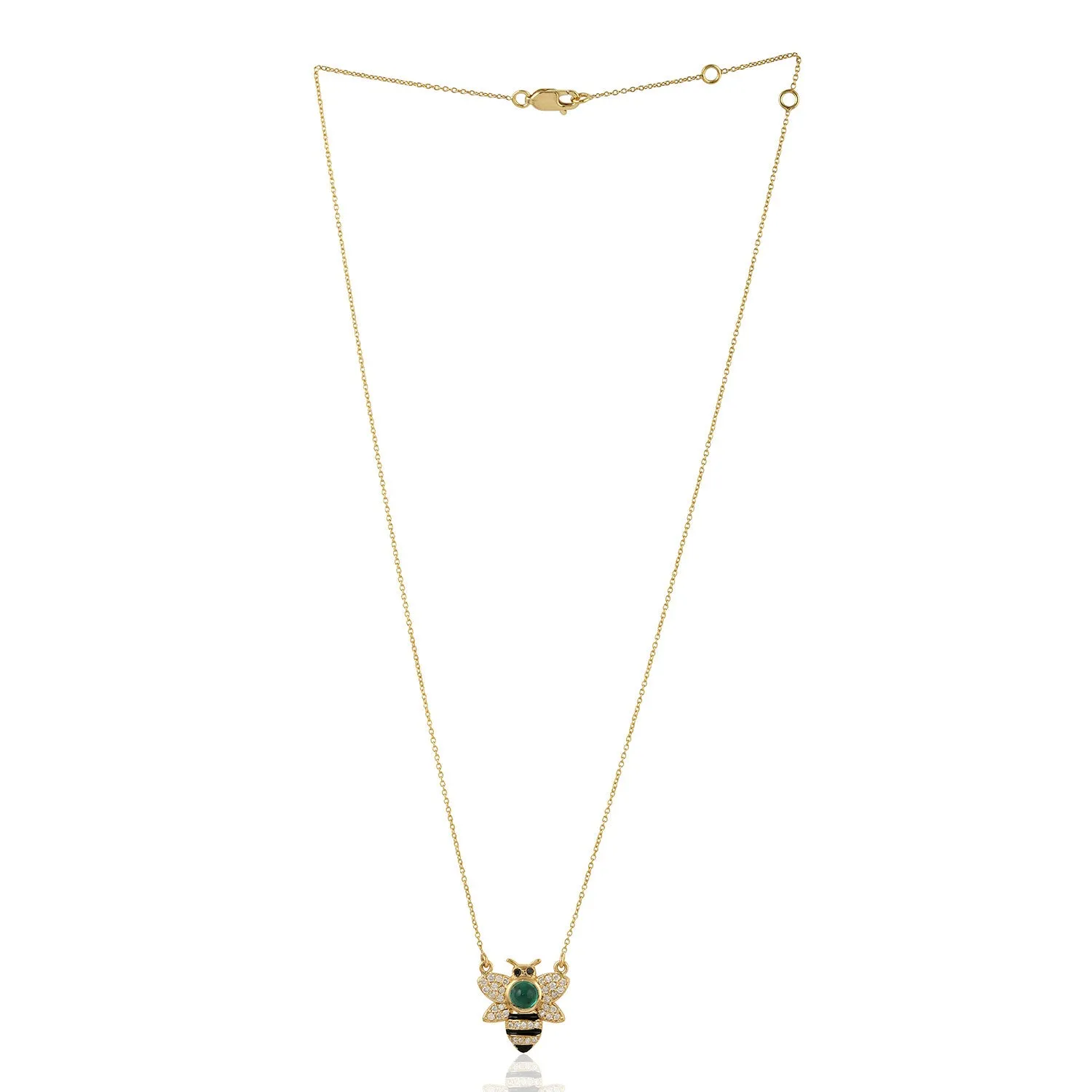 Bezel Set Emerald Pave Diamond Enamel Bee Design Princess Necklace In Gold