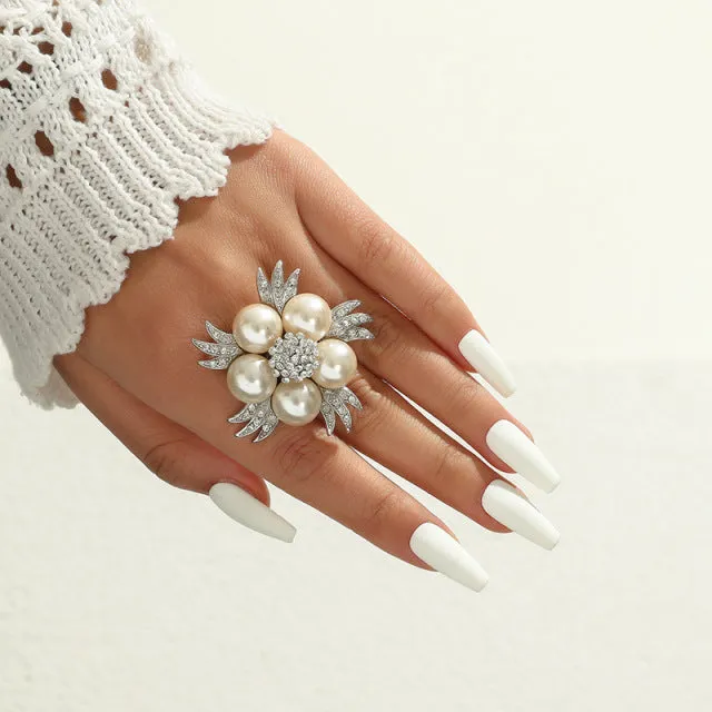 Big White Pearl Flower Ring Women Engagement Jewelry