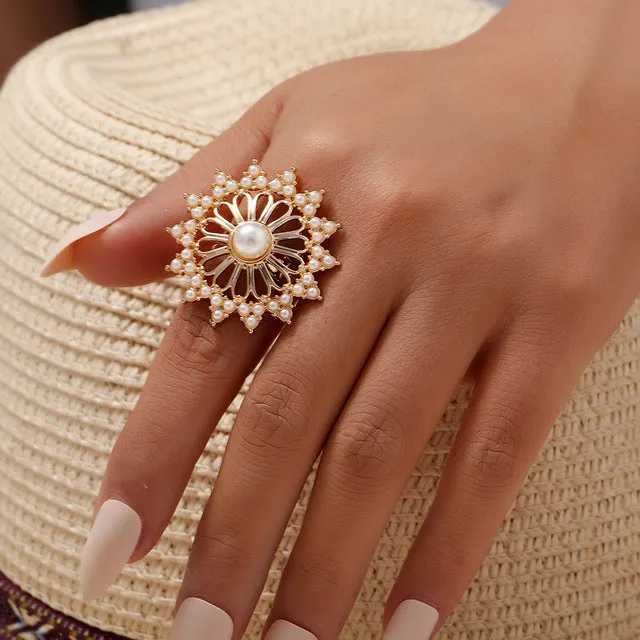 Big White Pearl Flower Ring Women Engagement Jewelry