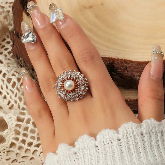 Big White Pearl Flower Ring Women Engagement Jewelry