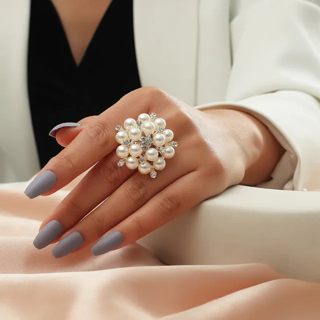 Big White Pearl Flower Ring Women Engagement Jewelry