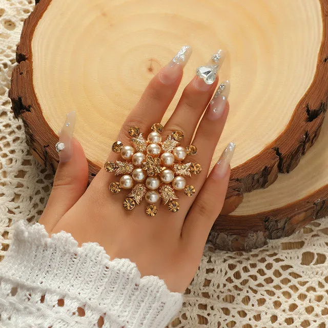 Big White Pearl Flower Ring Women Engagement Jewelry