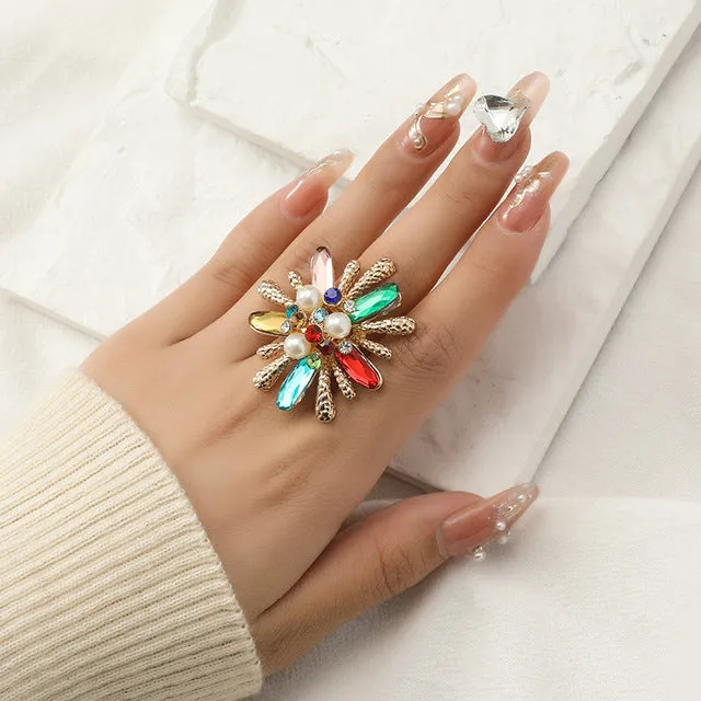 Big White Pearl Flower Ring Women Engagement Jewelry