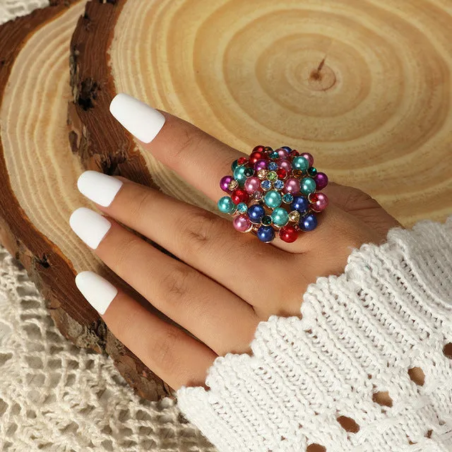 Big White Pearl Flower Ring Women Engagement Jewelry