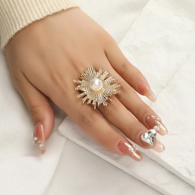 Big White Pearl Flower Ring Women Engagement Jewelry
