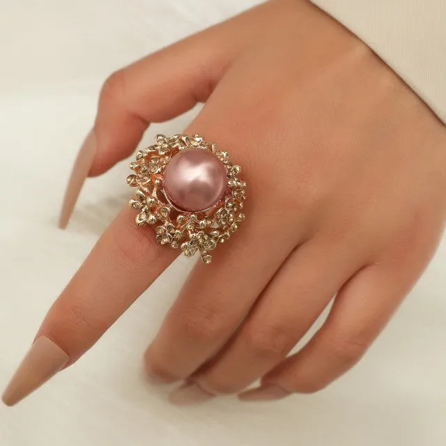 Big White Pearl Flower Ring Women Engagement Jewelry