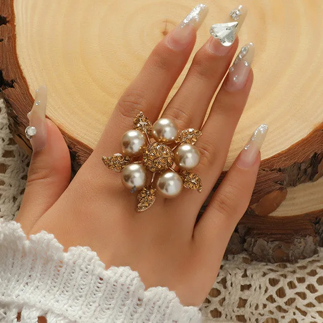 Big White Pearl Flower Ring Women Engagement Jewelry