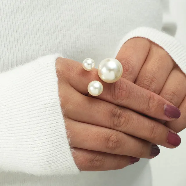Big White Pearl Flower Ring Women Engagement Jewelry