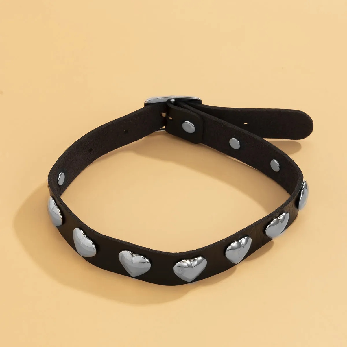 Black Polystyrene & Silver-Plated Heart Station Choker Necklace