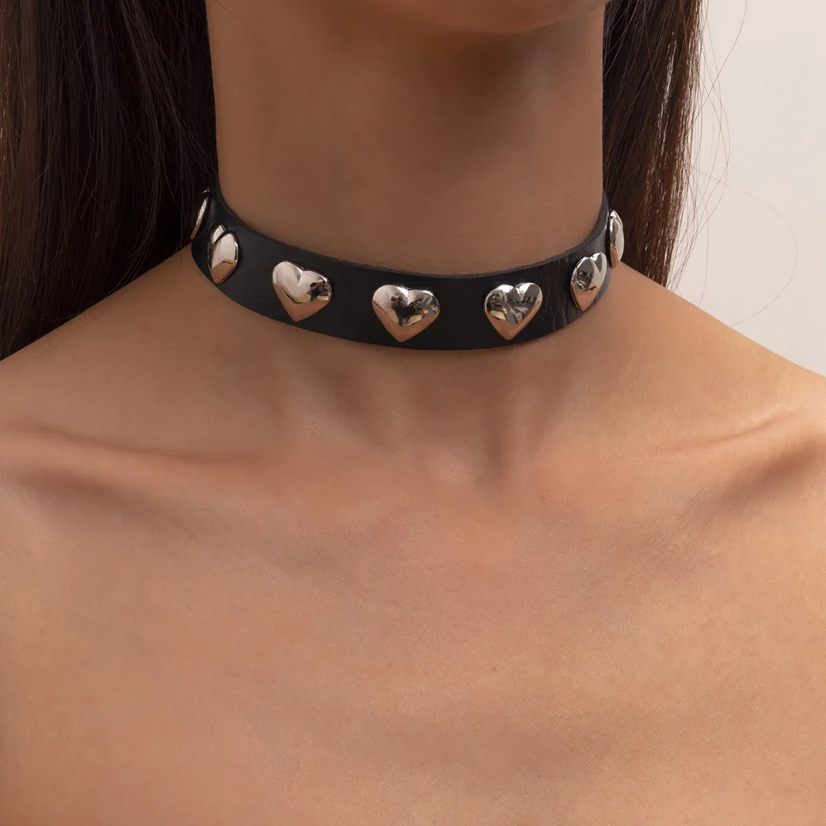 Black Polystyrene & Silver-Plated Heart Station Choker Necklace