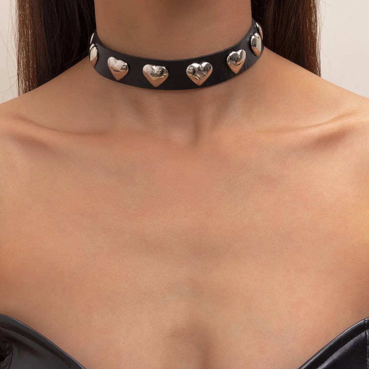 Black Polystyrene & Silver-Plated Heart Station Choker Necklace