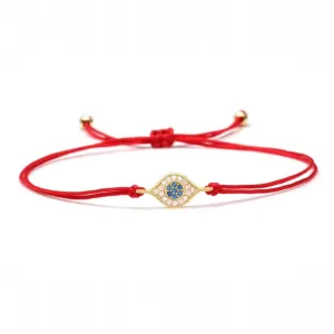 Blue CZ Stones Gold Evil Eye Charm Red String Protection Bracelet
