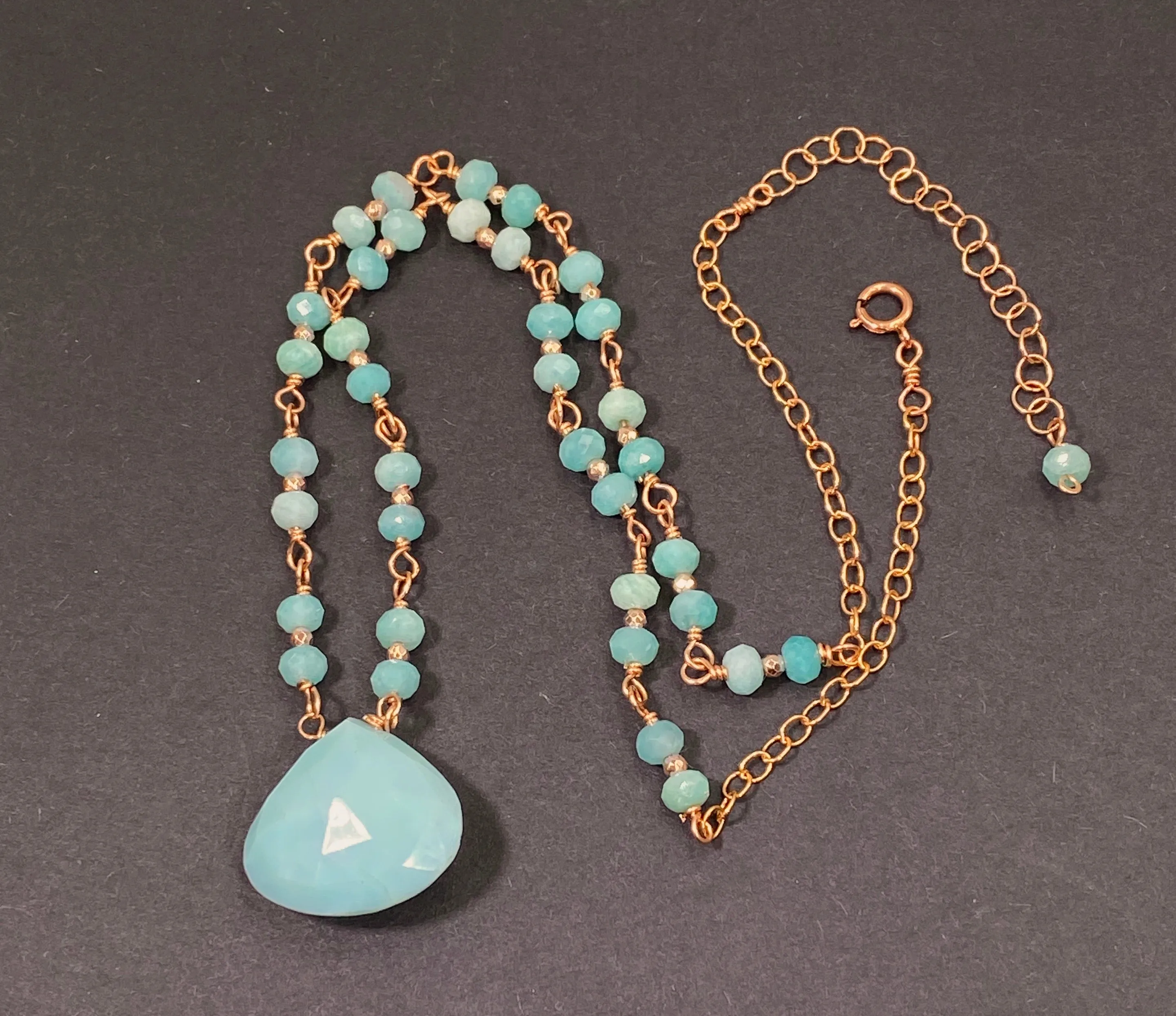 Blue Peruvian Opal, Amazonite, Rose Gold Wire Wrapped Pendant Necklace