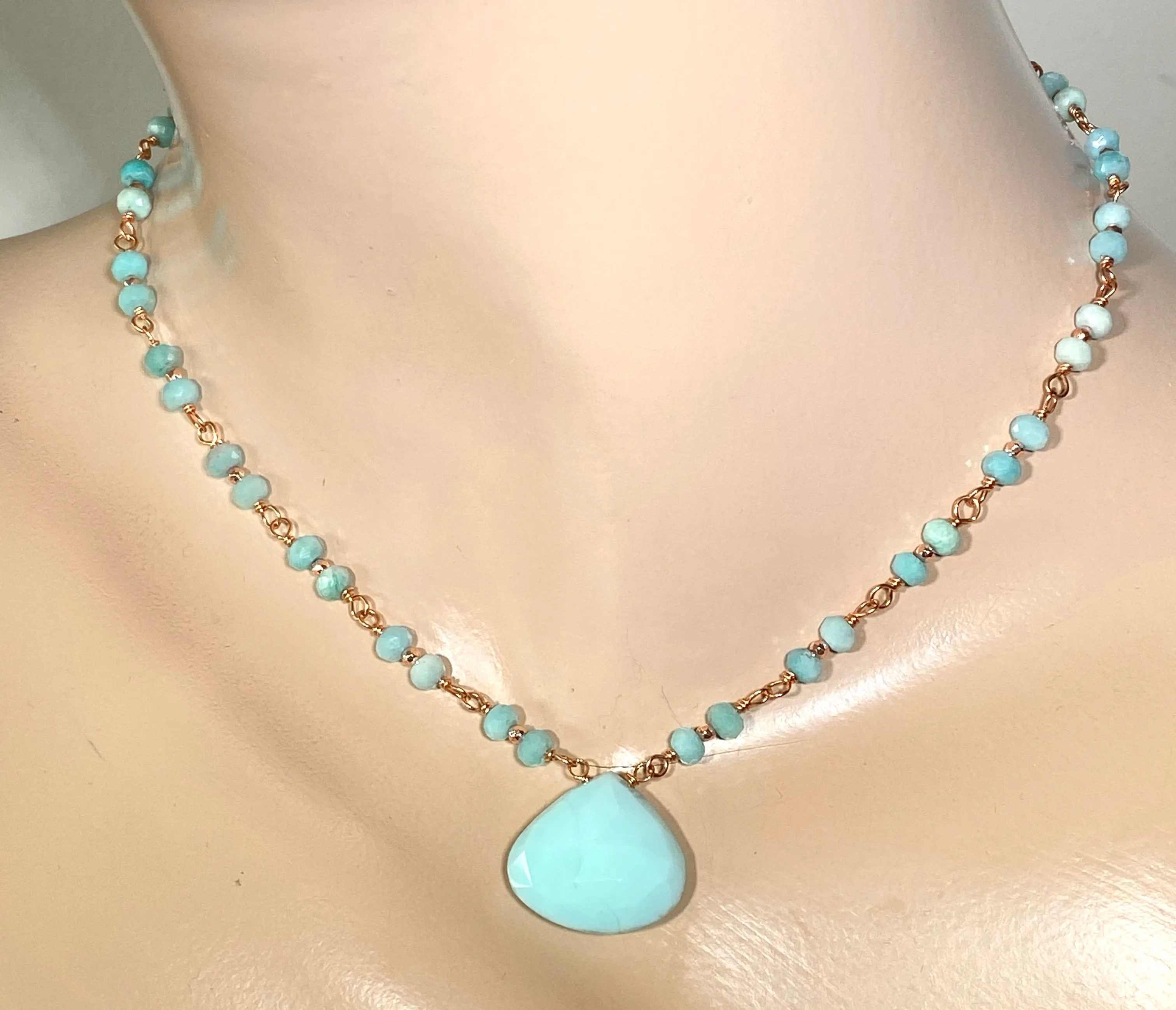 Blue Peruvian Opal, Amazonite, Rose Gold Wire Wrapped Pendant Necklace