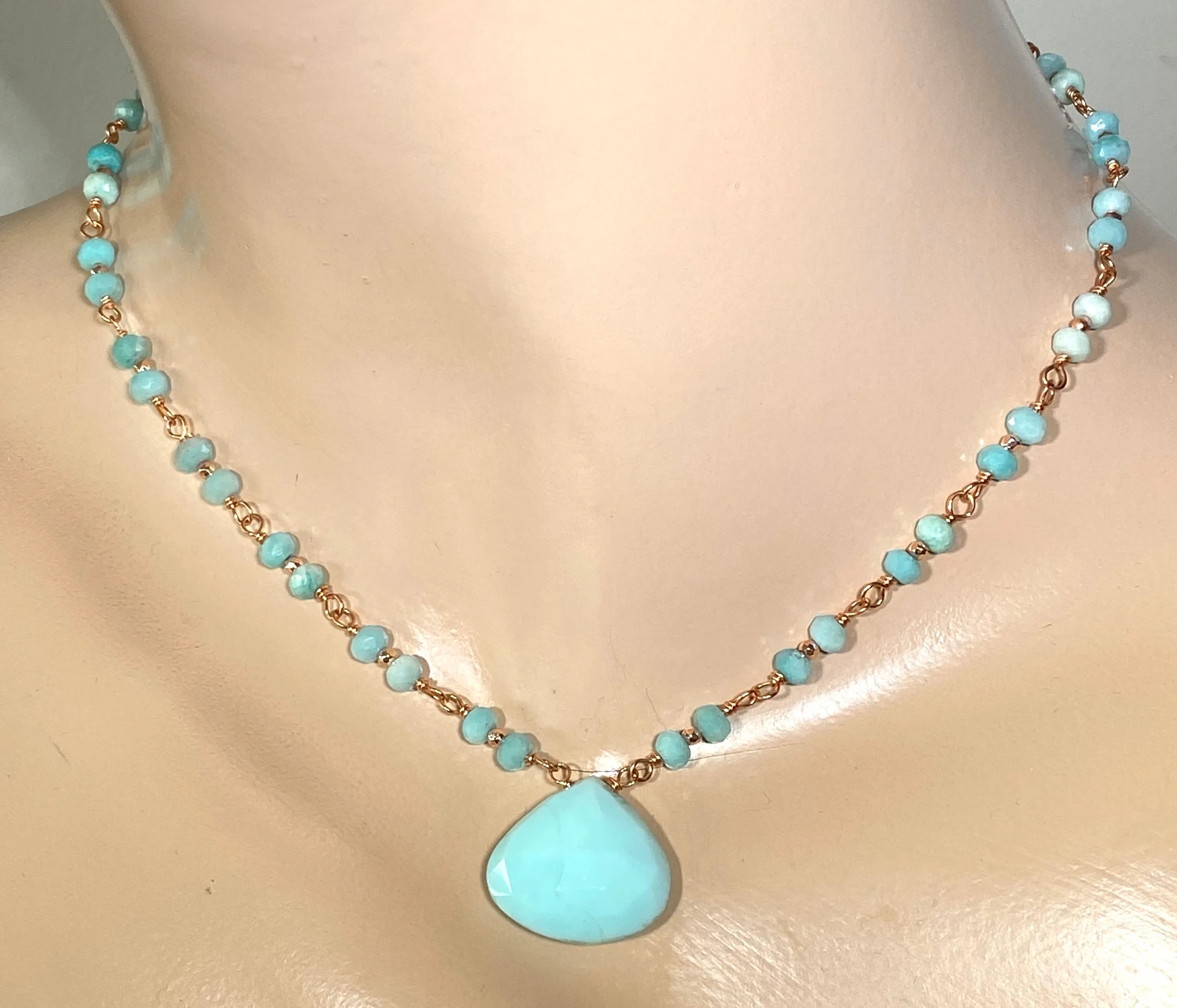 Blue Peruvian Opal, Amazonite, Rose Gold Wire Wrapped Pendant Necklace