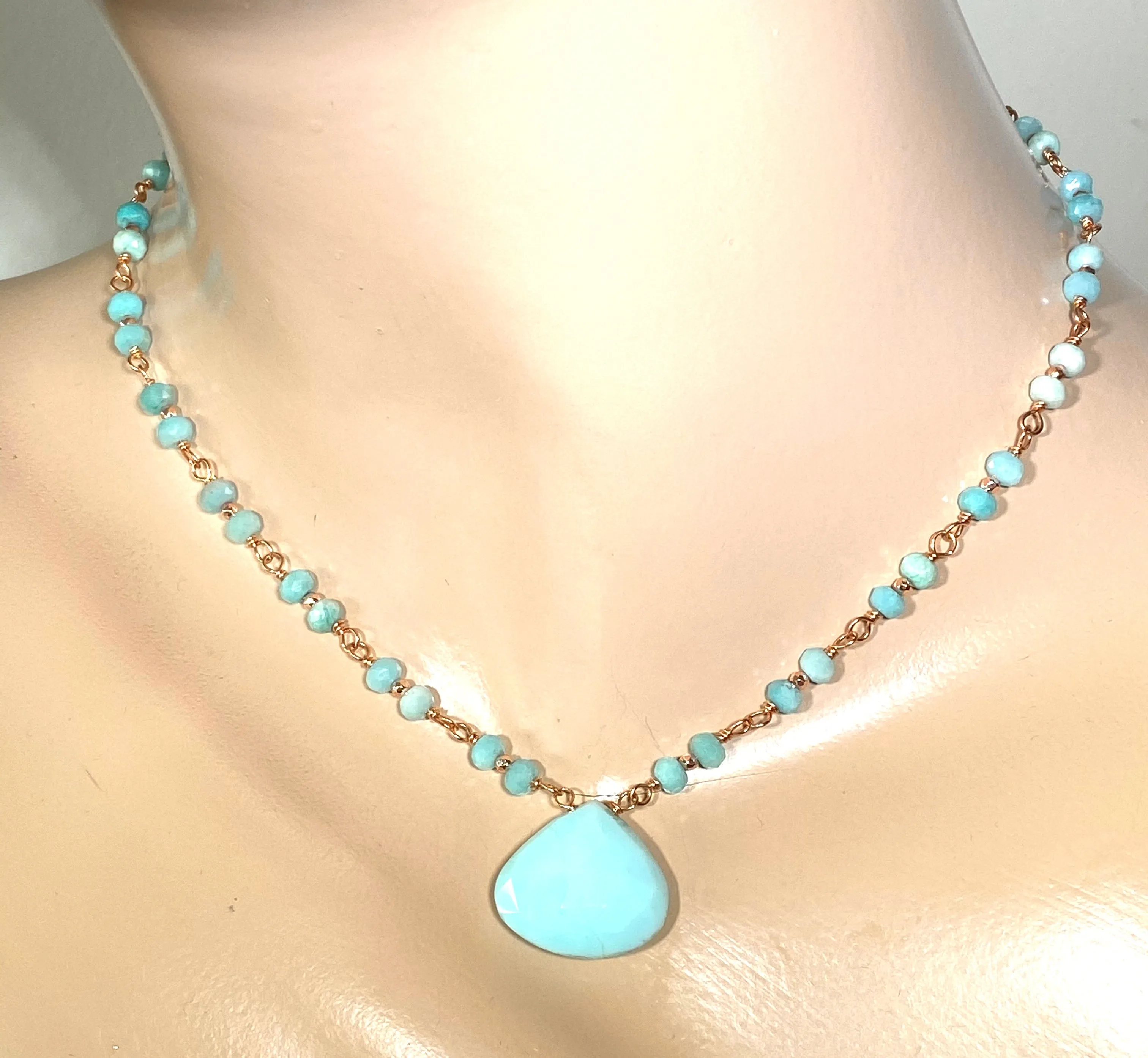 Blue Peruvian Opal, Amazonite, Rose Gold Wire Wrapped Pendant Necklace