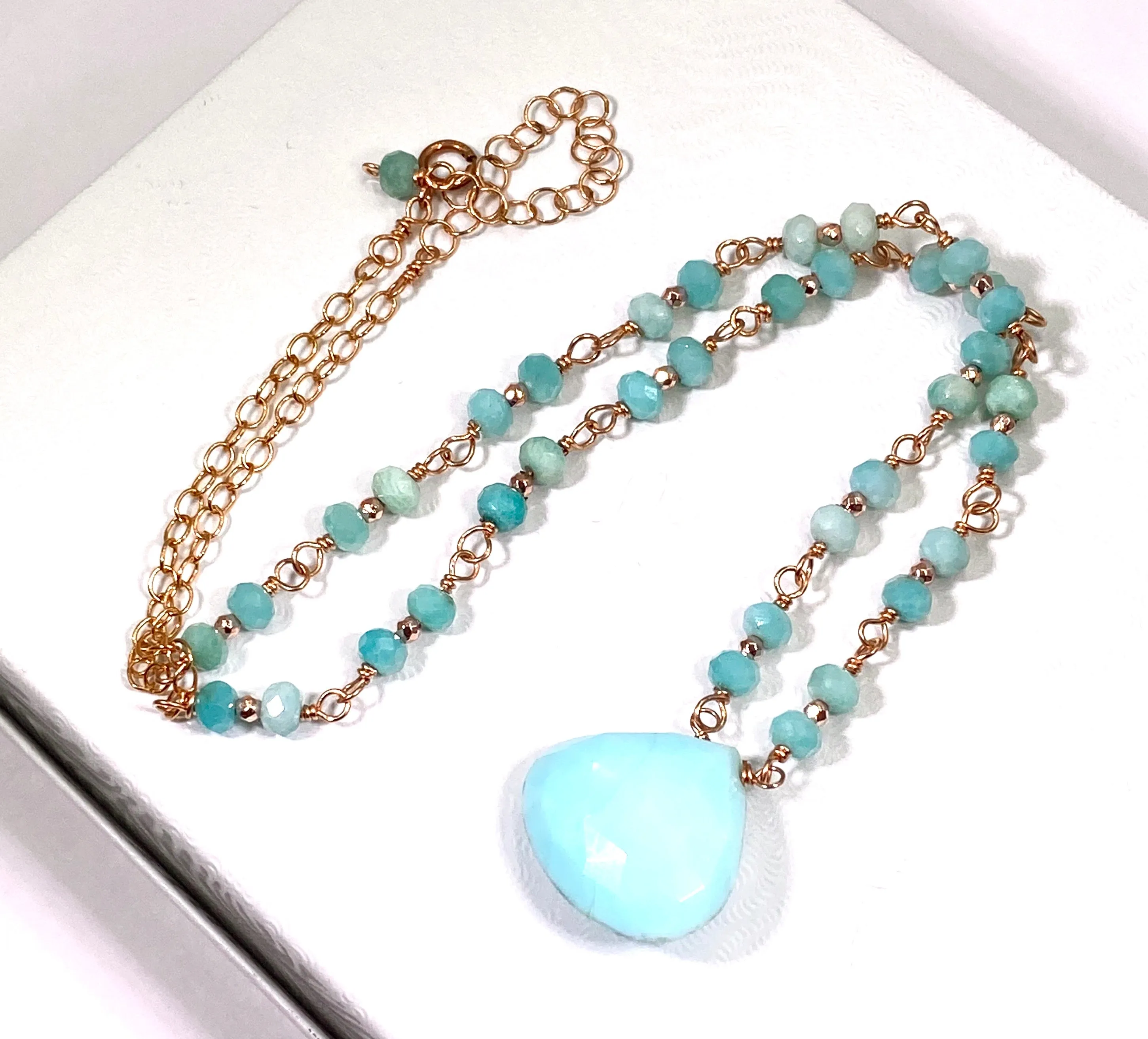 Blue Peruvian Opal, Amazonite, Rose Gold Wire Wrapped Pendant Necklace