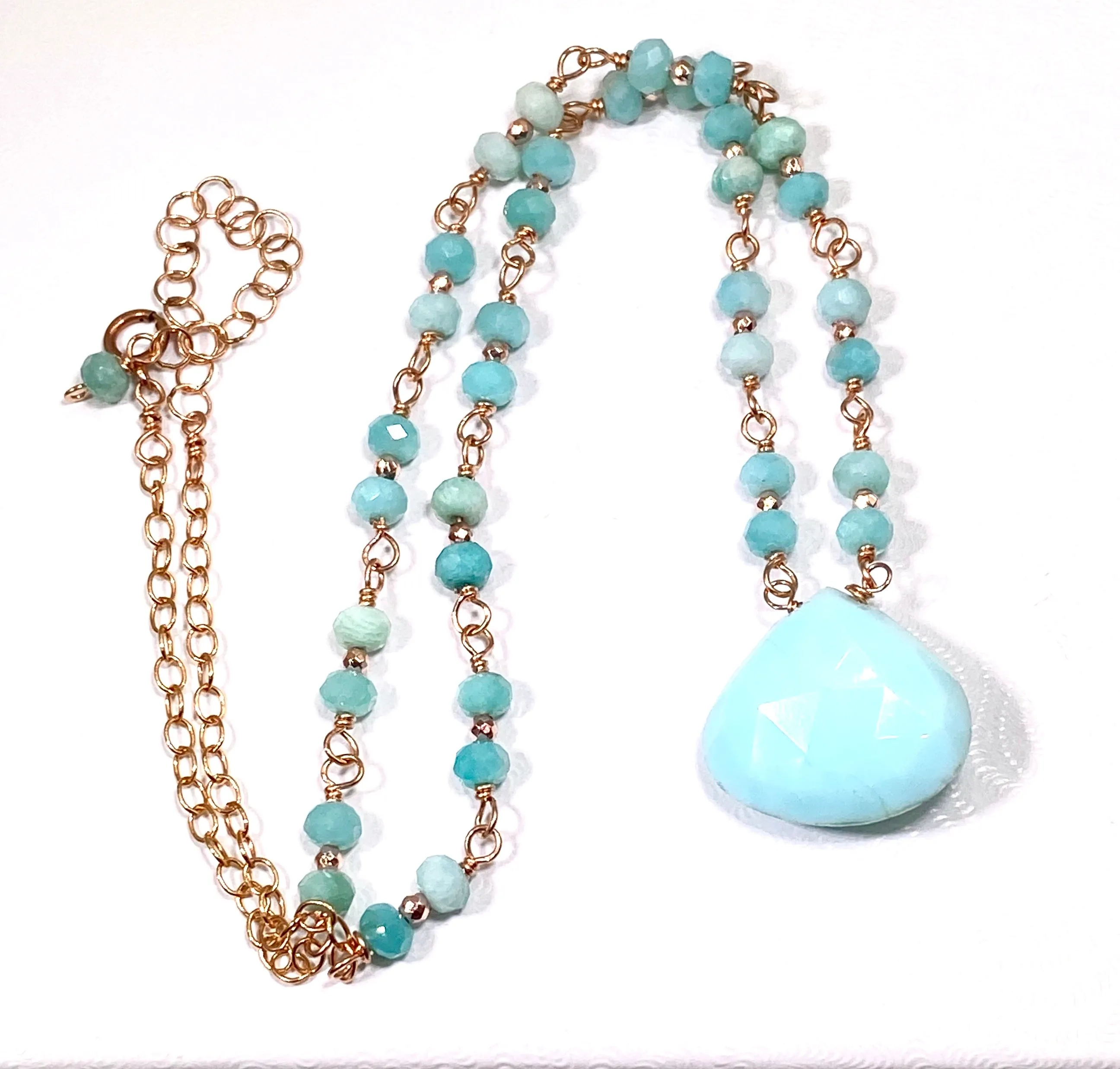Blue Peruvian Opal, Amazonite, Rose Gold Wire Wrapped Pendant Necklace
