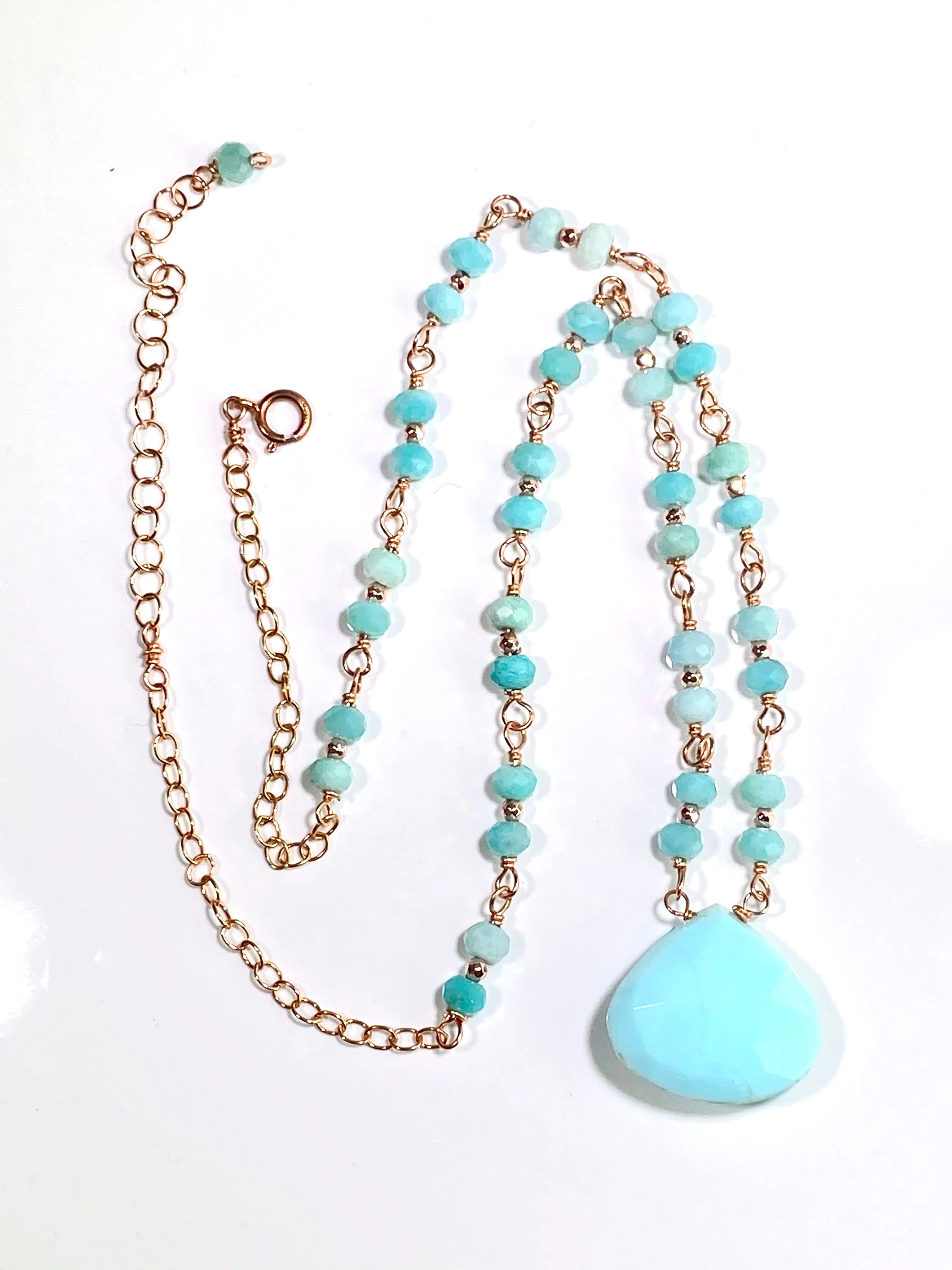 Blue Peruvian Opal, Amazonite, Rose Gold Wire Wrapped Pendant Necklace
