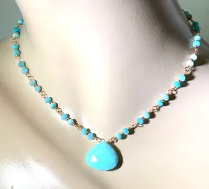 Blue Peruvian Opal, Amazonite, Rose Gold Wire Wrapped Pendant Necklace