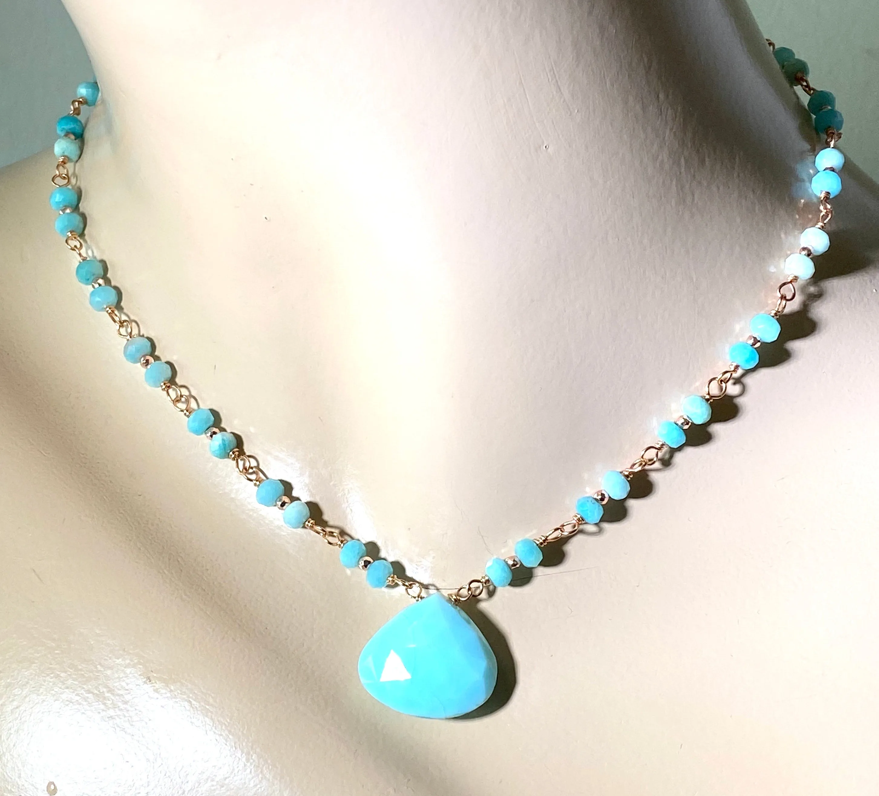 Blue Peruvian Opal, Amazonite, Rose Gold Wire Wrapped Pendant Necklace