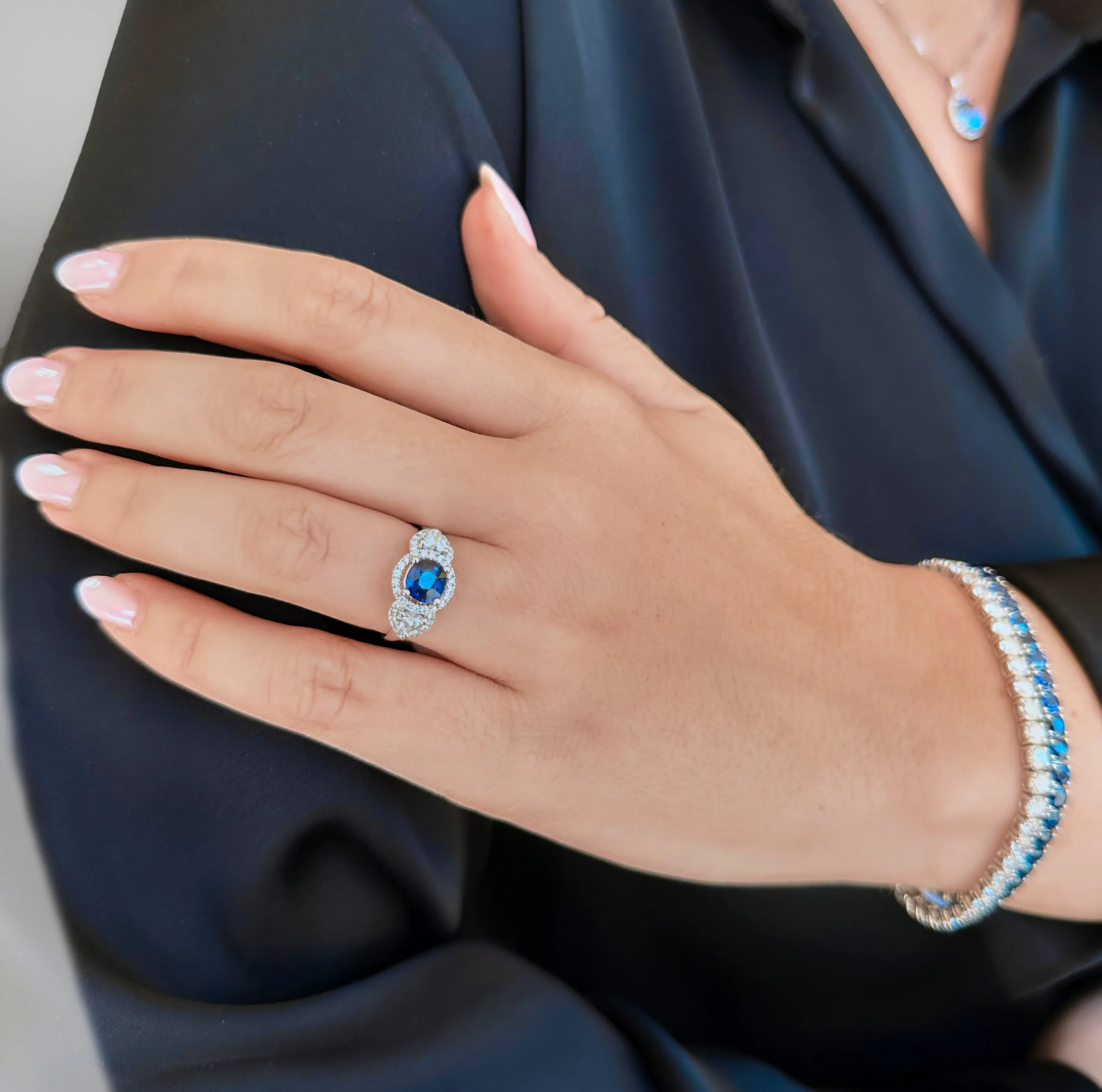 Blue Sapphire Oval Trilogy Ring