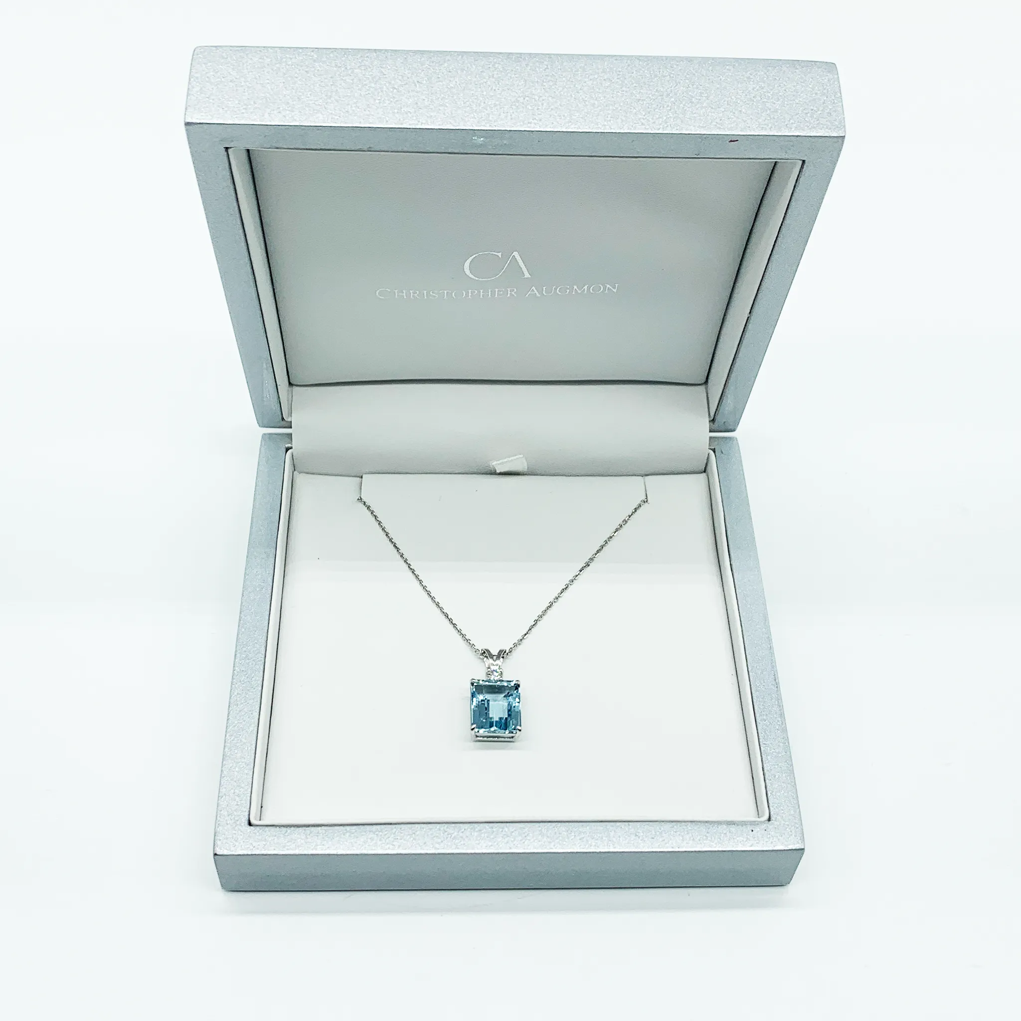 CA Custom Macro 5k Emerald Cut Aquamarine and Circle Diamond Pendant Necklace
