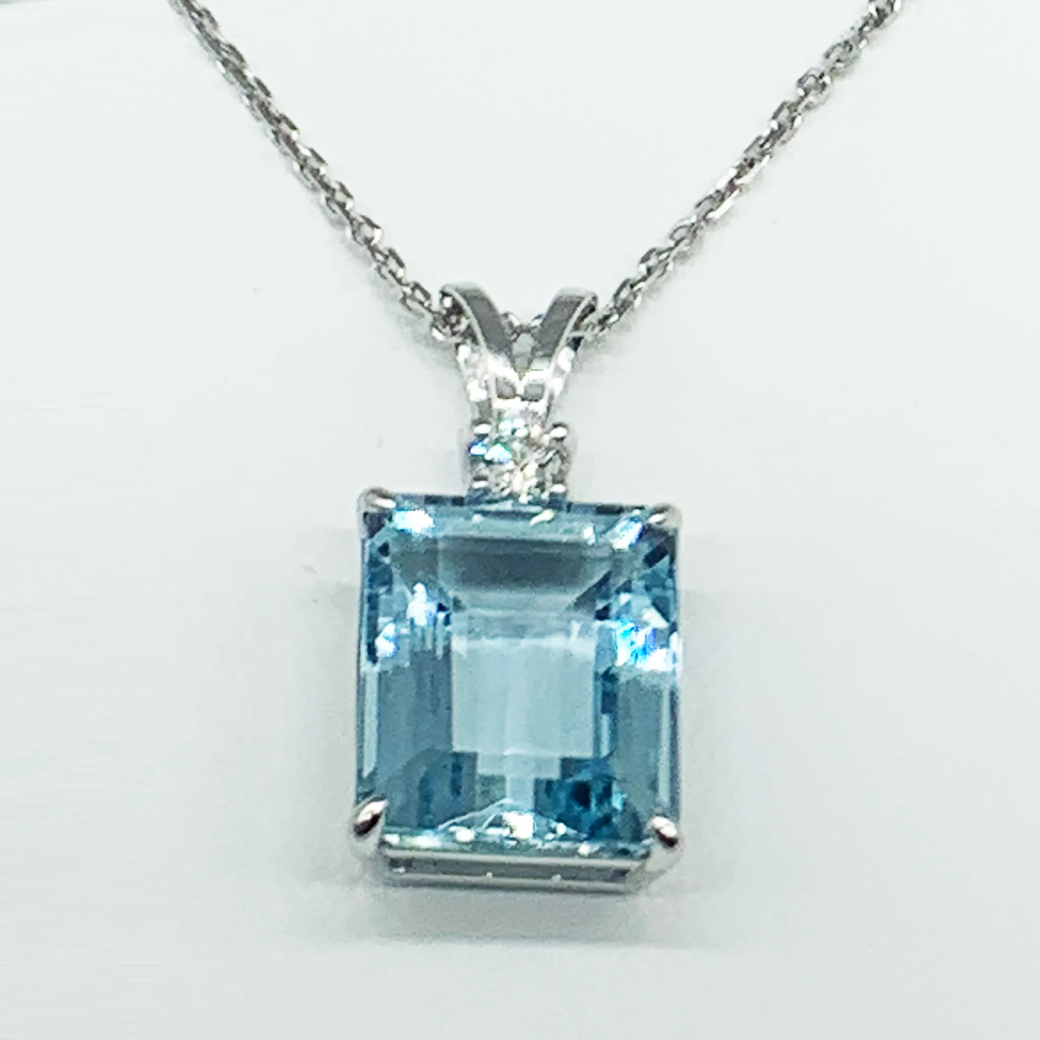 CA Custom Macro 5k Emerald Cut Aquamarine and Circle Diamond Pendant Necklace