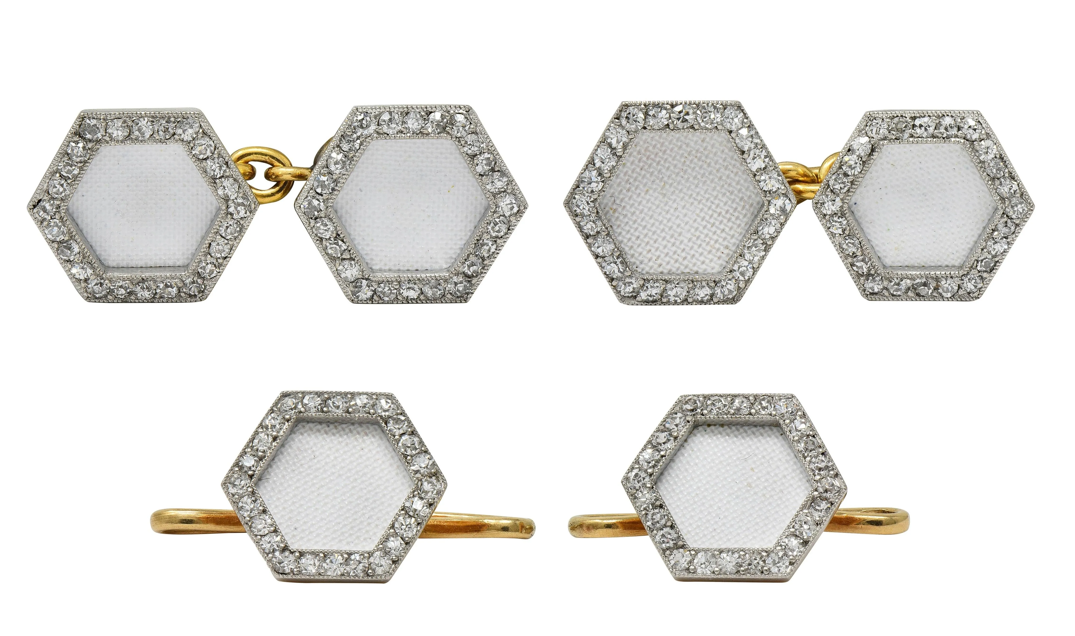 Cartier French Edwardian Diamond Linen Platinum 18 Karat Yellow Gold Antique Hexagon Cufflink Dress Set